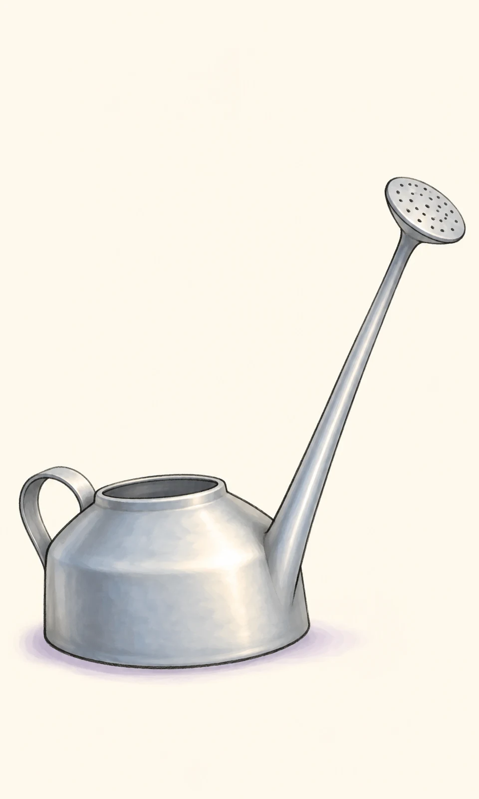 A squat, broad silver-grey watering can with a curved loop handle, an open oval top and a very long slender spout rising to an oval perforated sprinkler rose…