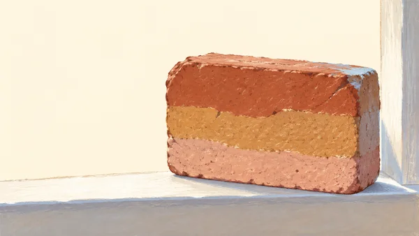 A broad, squat brick with irregular terracotta, ochre and clay-pink bands rests on a pale window sill beside a vertical jamb, against a cream background with a…