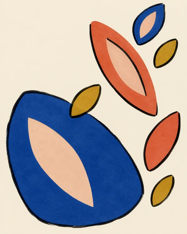Seven outlined, seed-shaped cut-paper forms in cobalt, coral, and ochre are scattered diagonally across a warm cream background; pale peach insets appear…