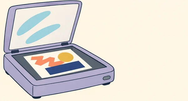 A wide, squat lavender flatbed scanner sits open on a warm cream surface, with two cyan marks inside its lid and a paper collage of a coral zigzag, mustard…