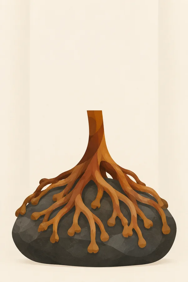 A rust- and ochre-colored branching structure spreads over a large flattened charcoal-gray stone against a warm ivory background with faint vertical panels.
