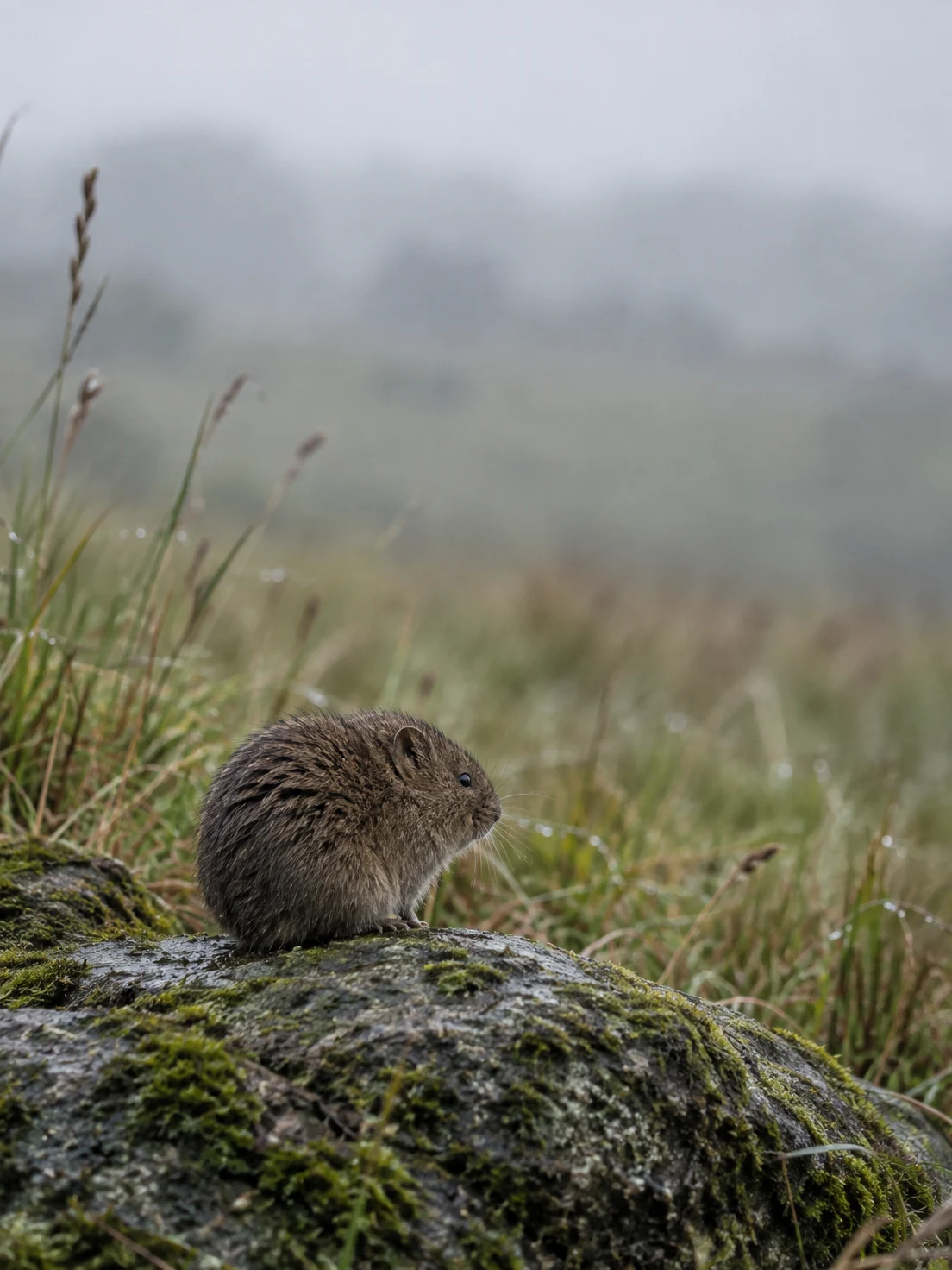 A small brown-grey vole sits on a wet, moss-covered stone in a meadow, facing right toward softly blurred grass beneath a pale overcast background.
