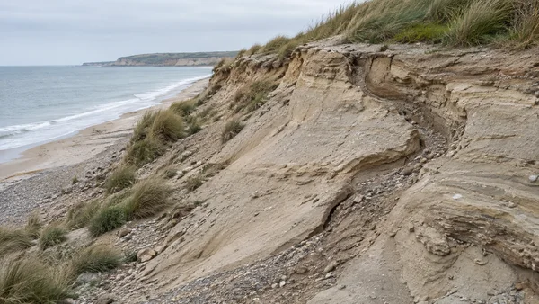 A pale layered coastal clay-and-sand bank slopes toward a pebbly beach, with a broad eroded channel running diagonally through the foreground and tufts of…