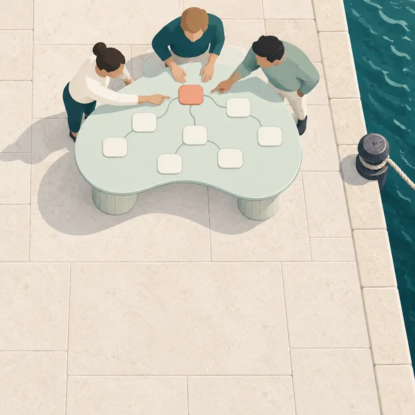 Three simplified teammates lean over a pale mint, kidney-shaped planning table on a limestone harbour quay.