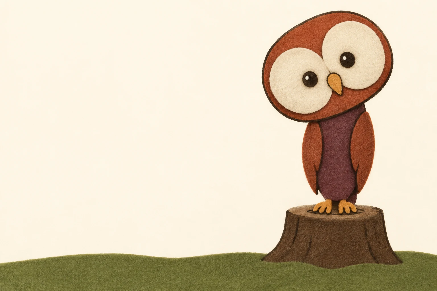 A wide-eyed rust-and-plum owl with oversized ivory facial disks stands on a broad brown stump above a low moss-green ground strip, against a warm cream…