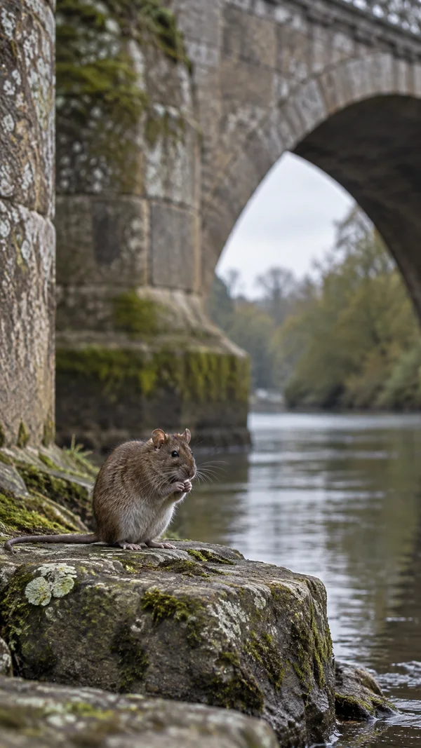 A brown rat sits upright with its front paws at its whiskers on a moss- and lichen-covered stone beside a river, beneath a weathered stone bridge arch.