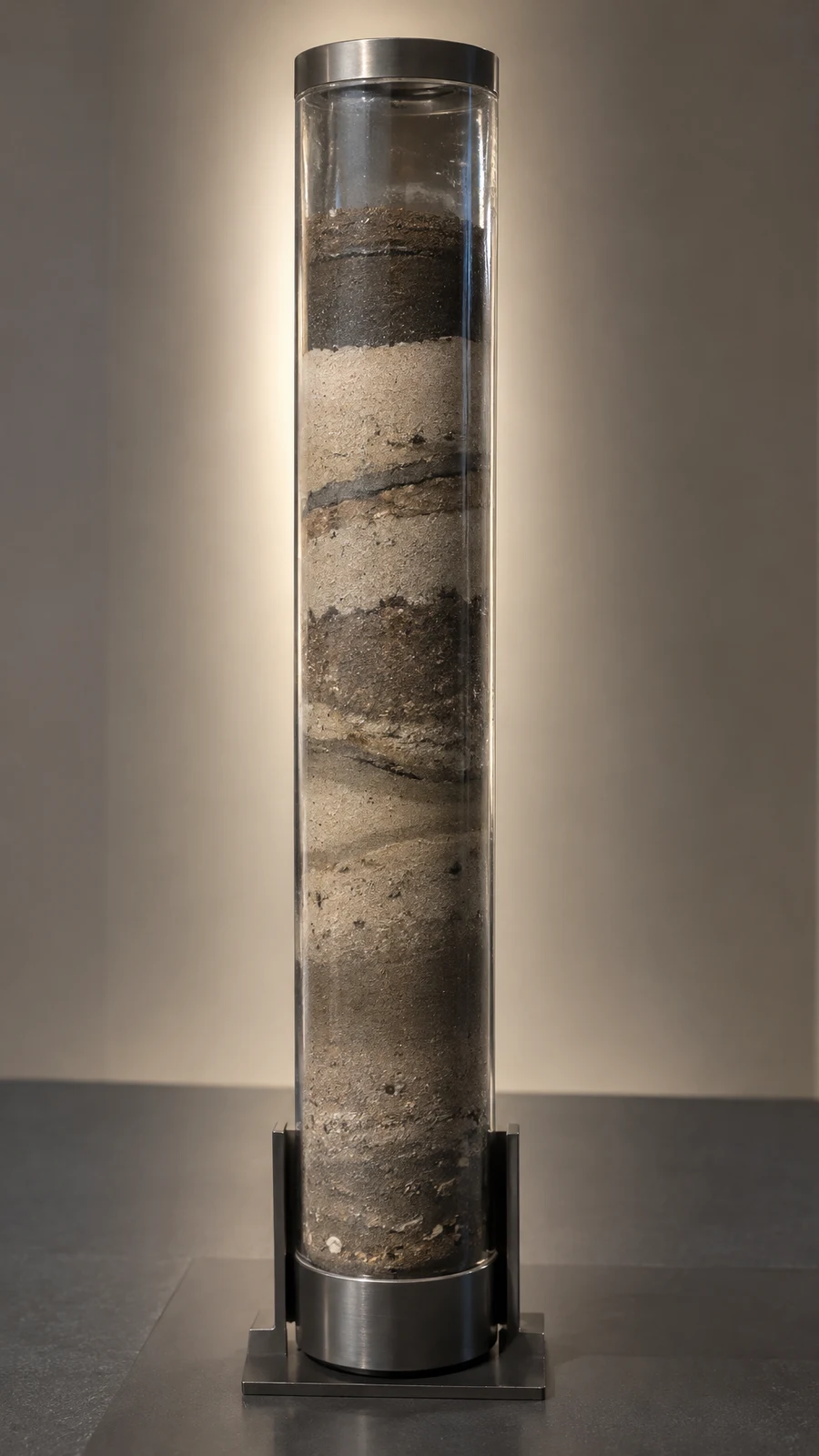 A tall clear cylinder containing alternating pale sand and dark sediment layers stands in a dark metal support on a charcoal table, against a softly lit…