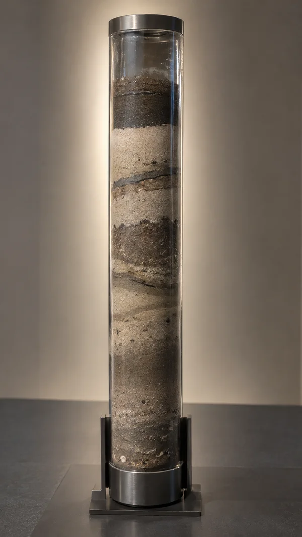 A tall clear cylinder containing alternating pale sand and dark sediment layers stands in a dark metal support on a charcoal table, against a softly lit…