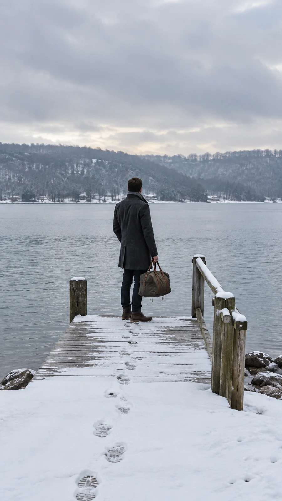 A traveler in a charcoal coat stands on a snow-covered wooden lakeside landing, holding a canvas bag and looking across the water toward a hazy, tree-lined…