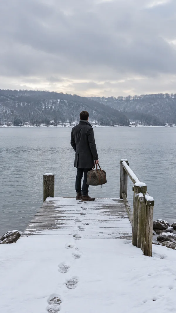A traveler in a charcoal coat stands on a snow-covered wooden lakeside landing, holding a canvas bag and looking across the water toward a hazy, tree-lined…