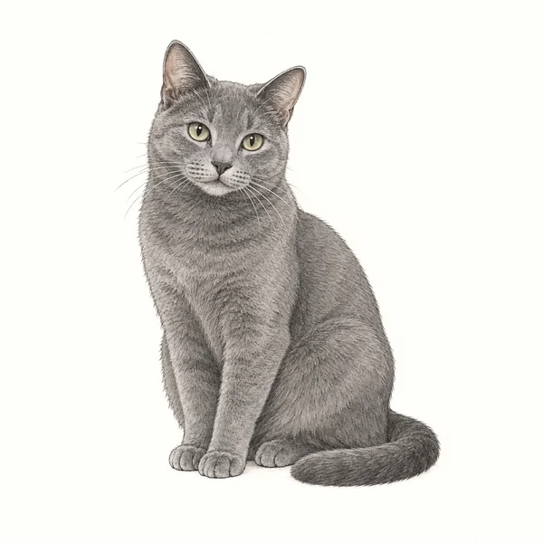 A detailed ink-style illustration of a seated grey short-haired cat with yellow-green eyes, its forepaws together and tail curved beside its hindquarters…