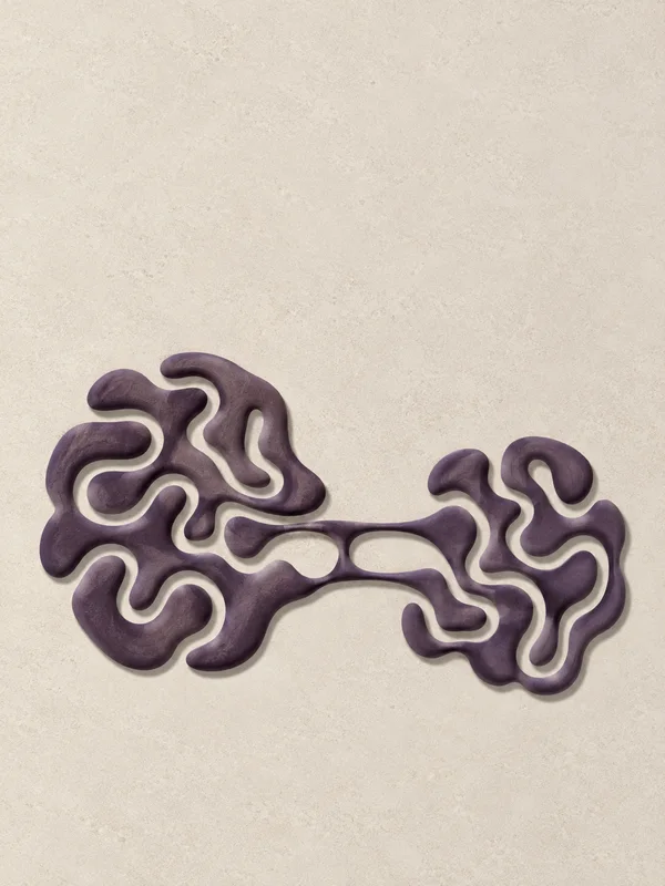 A matte aubergine, raised labyrinthine form with two uneven clusters joined by a narrow horizontal section sits on a warm limestone-textured field, with ample…