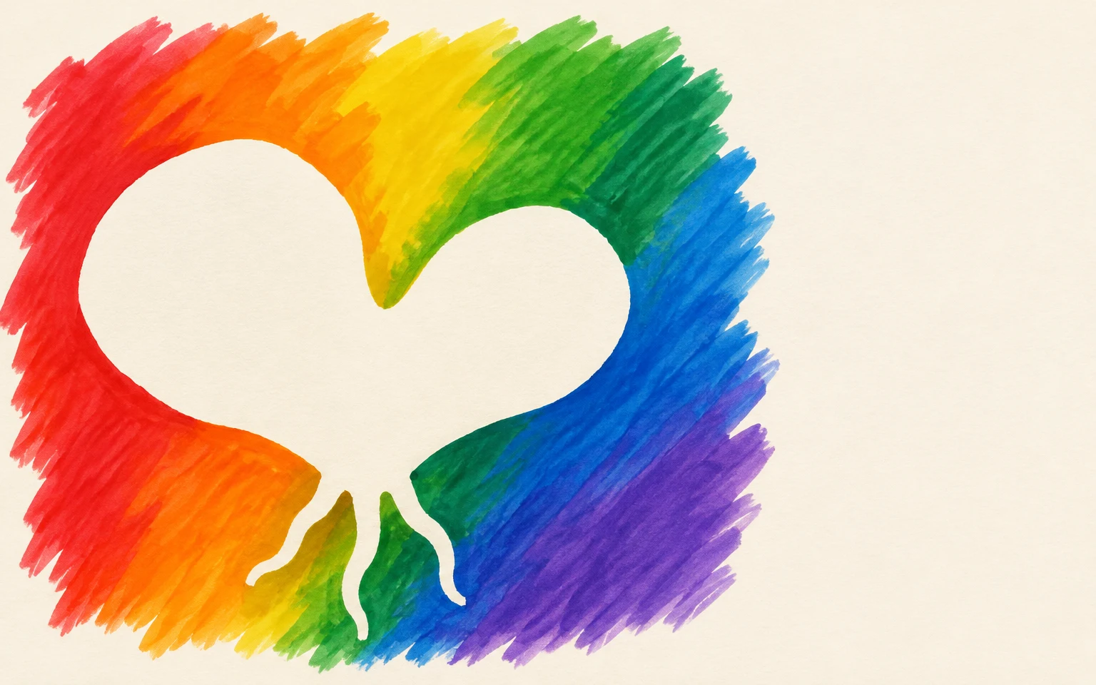 A large heart-shaped warm-cream negative-space form with three short threadlike extensions sits inside a broad, irregular rainbow marker patch on textured…