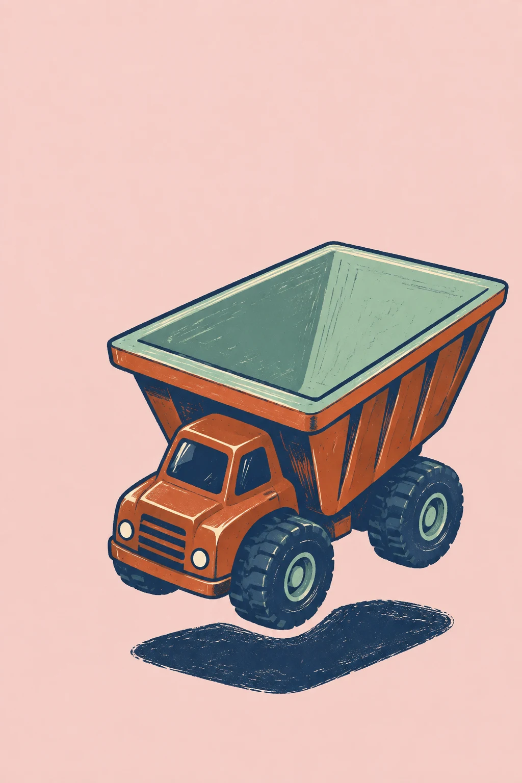 A rust-orange dump truck with a large empty mint-green bed hovers above a detached navy shadow against a pale rose background.