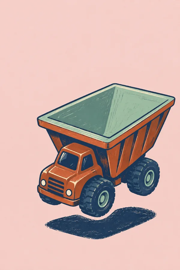 A rust-orange dump truck with a large empty mint-green bed hovers above a detached navy shadow against a pale rose background.