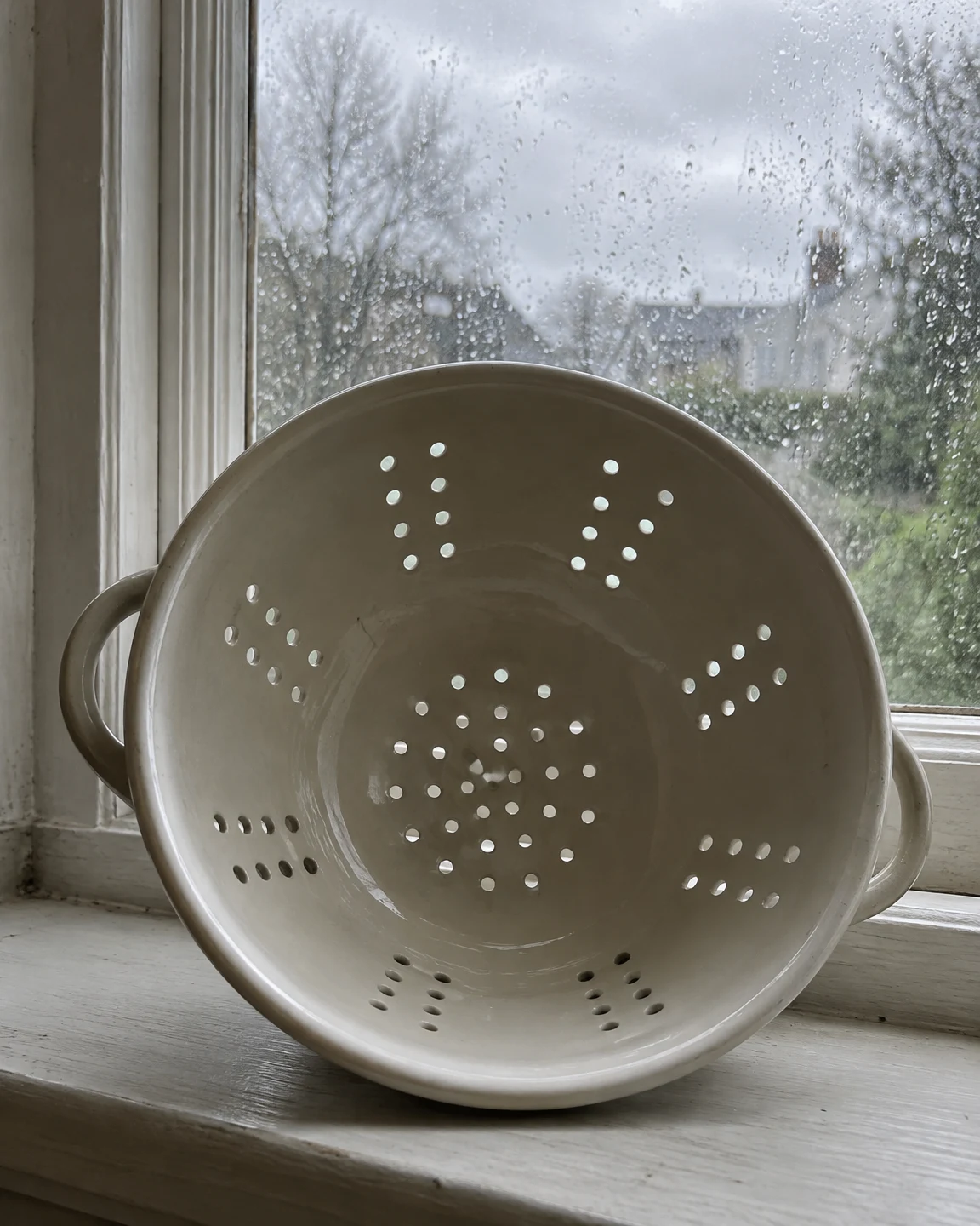 A large pale ceramic colander rests tilted on a painted window sill, its perforated interior facing the camera.