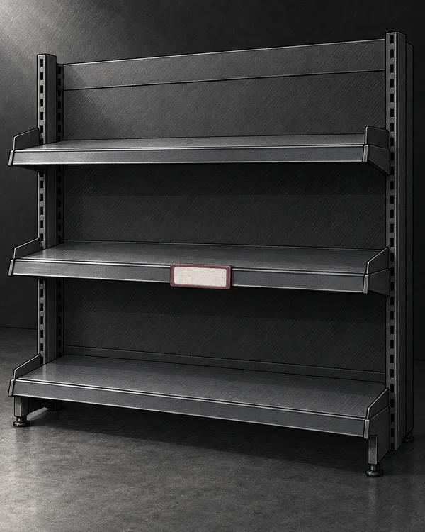 A dark illustrated charcoal-steel retail shelving bay with three empty decks stands on a grey floor.