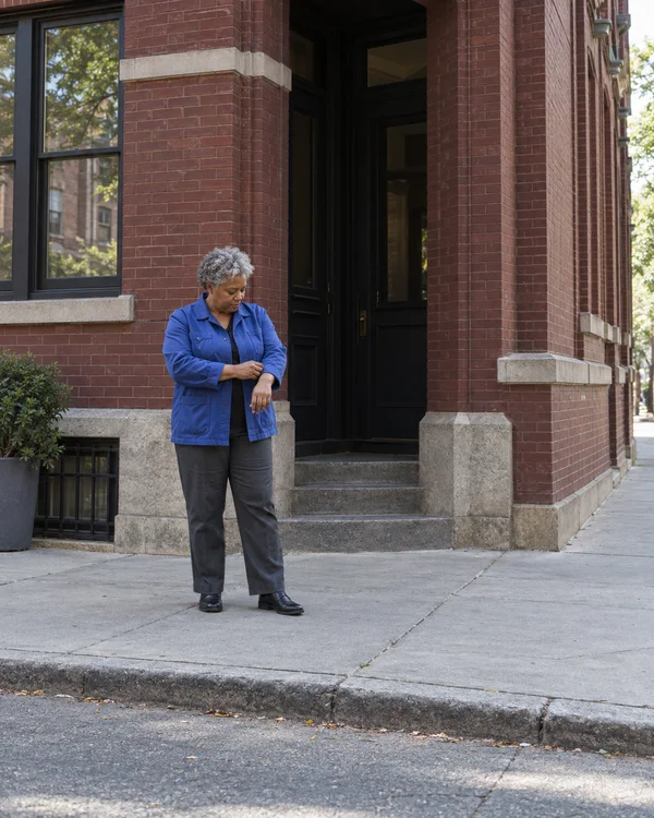 A middle-aged woman with short silver curls adjusts the cuff of a cobalt jacket on a broad sidewalk beside a burgundy brick building with a dark recessed…