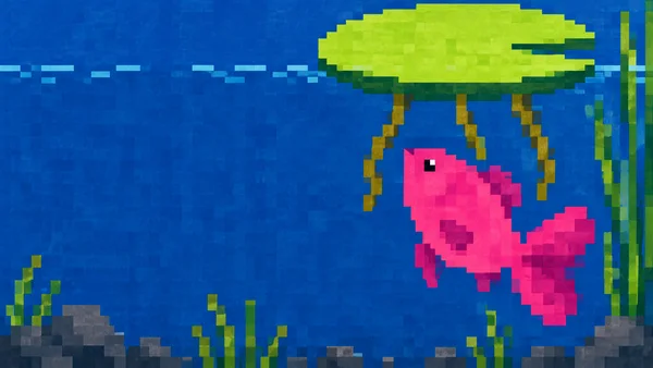 A chunky pixel-style underwater pond illustration shows a large fuchsia fish beneath a broad lime-green lily pad, with stepped roots, tall reeds at the right…
