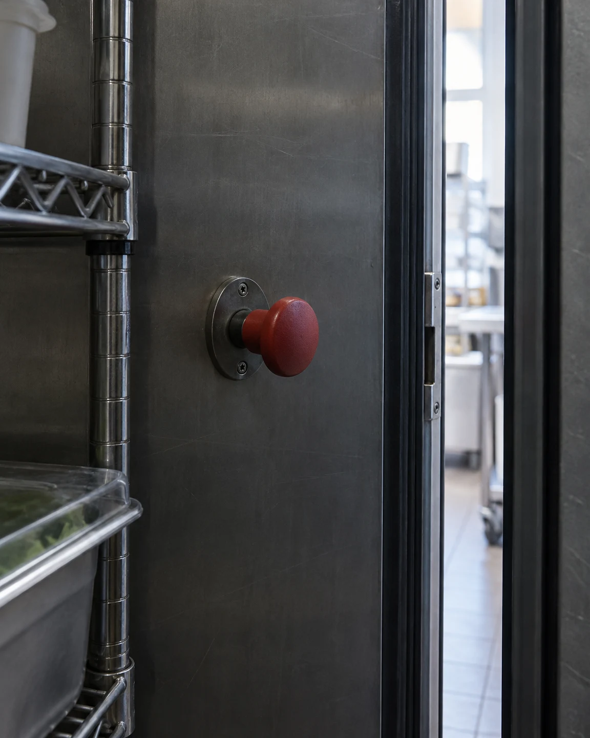 A red mushroom-shaped knob is mounted on a brushed steel walk-in fridge door, with a stainless rack and covered pan cropped at left and a bright kitchen…