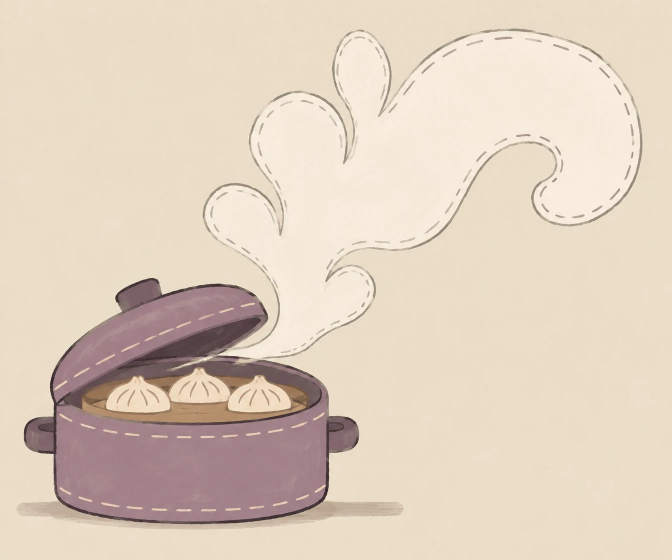 A dusty-violet, wide squat steamer sits low on the left with its lid open and three pale dumplings visible inside.