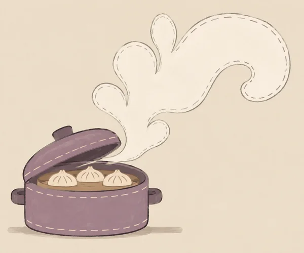 A dusty-violet, wide squat steamer sits low on the left with its lid open and three pale dumplings visible inside.