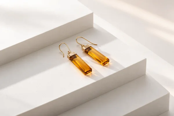 A pair of amber-colored rectangular drop earrings with gold caps and curved hooks rests on a white stepped display against a white background.