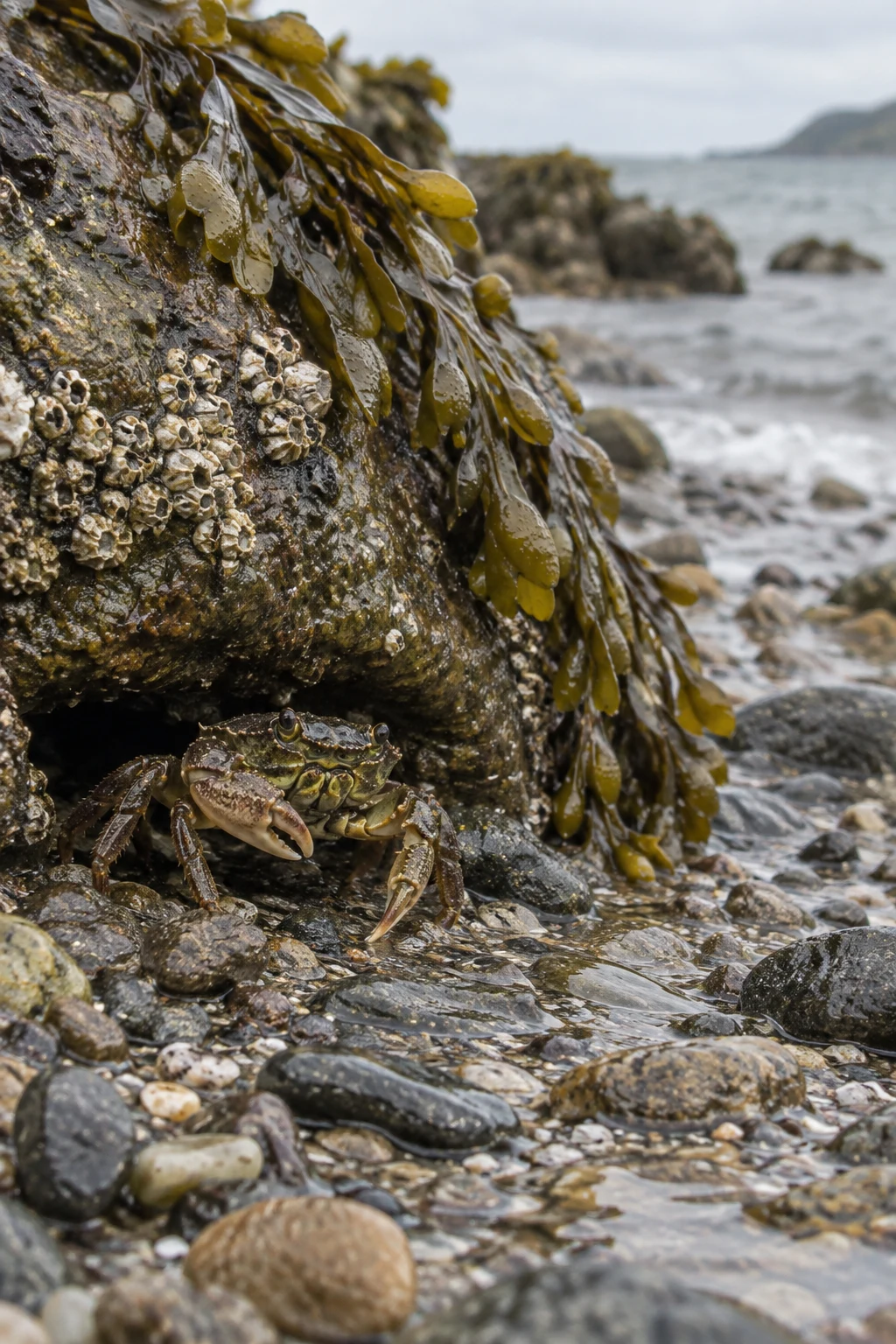 A mottled brown-green shore crab stands on wet pebbles beneath a barnacle-covered rock draped with brown seaweed, with shallow water and a softly blurred grey…