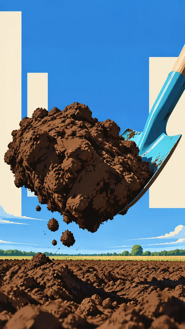 A bright cyan shovel lifts a large clod of dark soil above a freshly furrowed field, against a blue sky with cream rectangular shapes and a low tree-lined…
