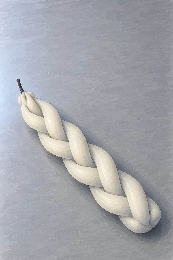 A hand-drawn ivory braided candle lies diagonally across a cool-gray surface, with a short dark wick at its upper end and open space above it.