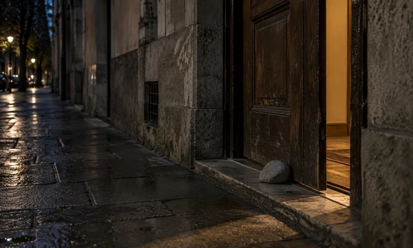 A smooth gray stone props open a weathered timber door at a warmly lit apartment entrance beside a rain-darkened city sidewalk at night.