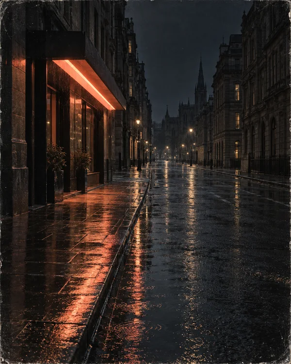 An empty rain-darkened city street recedes between tall masonry buildings at night.
