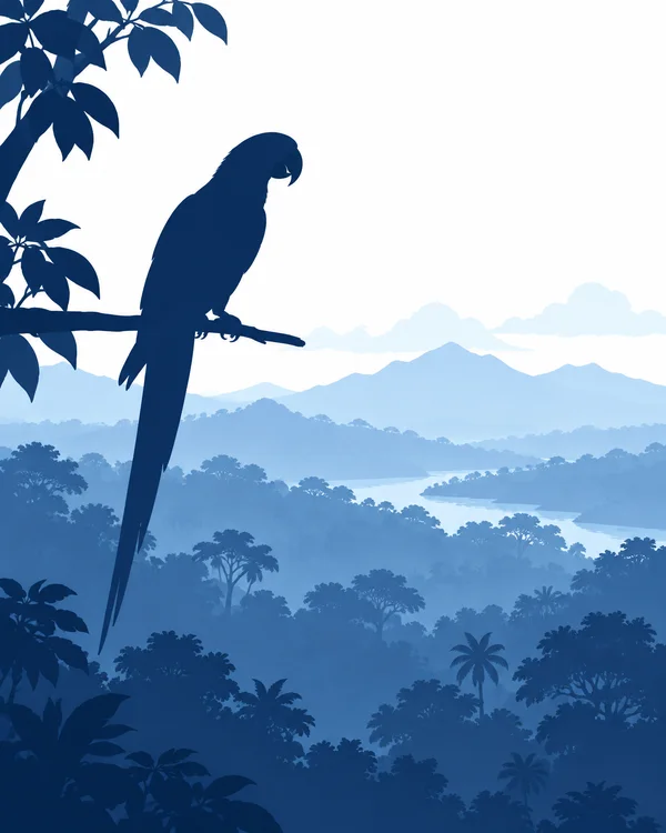 A dark navy, long-tailed parrot silhouette perches on a branch at the left of a layered blue forest landscape, with distant mountains, clouds, and a winding…
