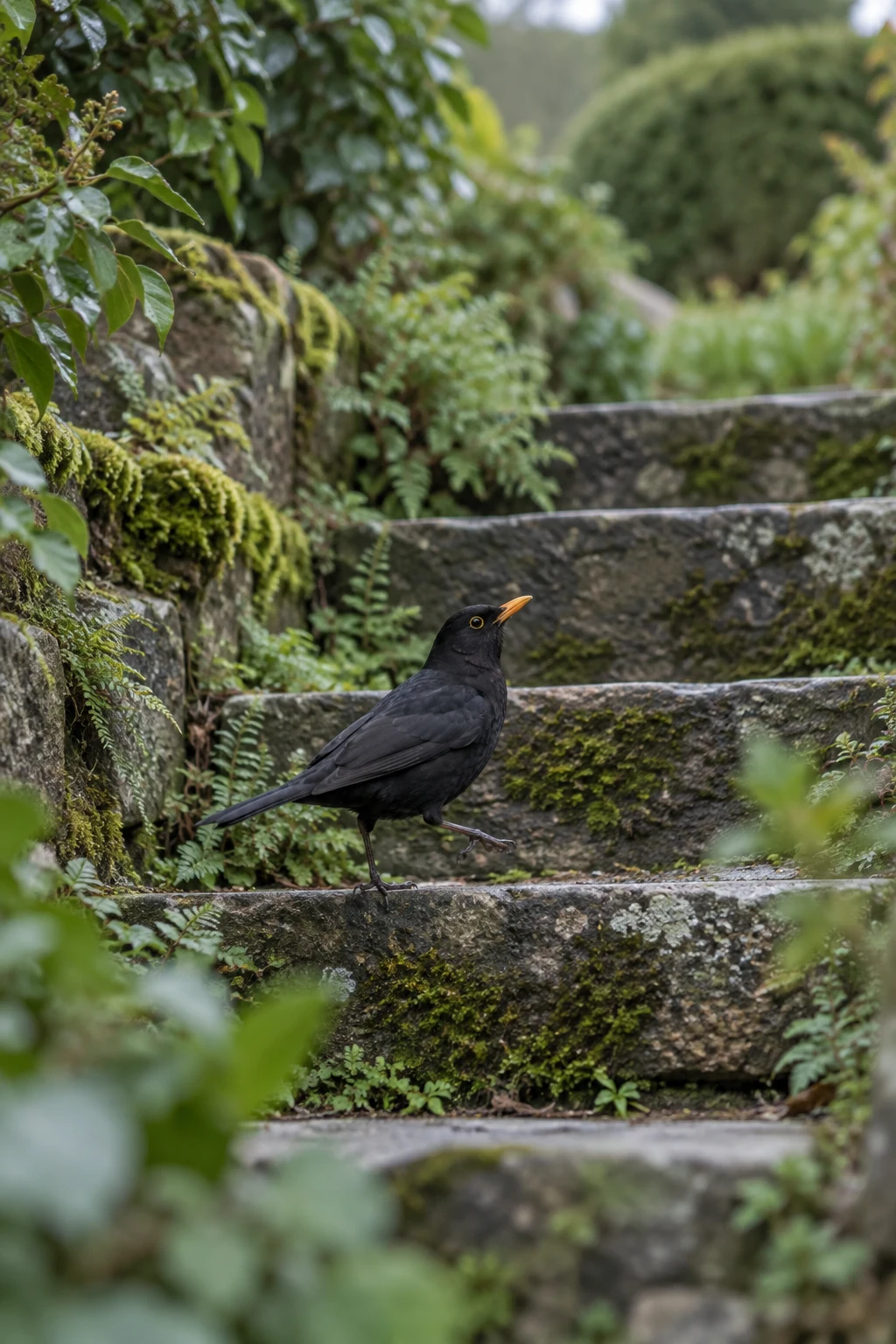A male blackbird with glossy dark plumage, an orange-yellow bill and bright eye ring stands in profile on a moss-covered stone garden step, with ferny steps…
