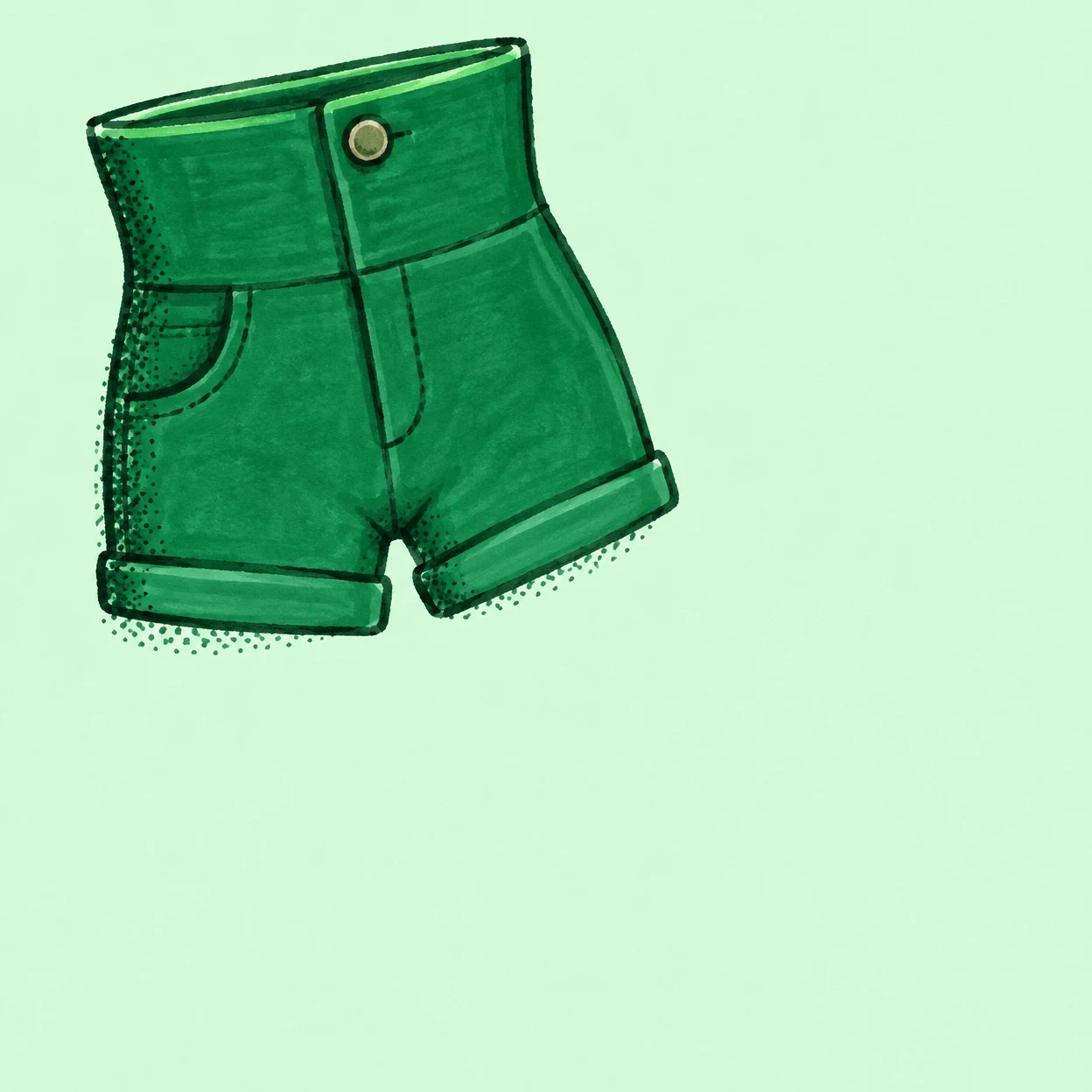 A hand-drawn pair of emerald shorts sits in the upper-left of a pale mint square, with a tall waistband, round button, curved pocket seam, rolled cuffs, and…
