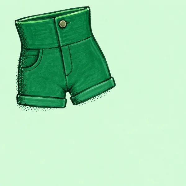 A hand-drawn pair of emerald shorts sits in the upper-left of a pale mint square, with a tall waistband, round button, curved pocket seam, rolled cuffs, and…