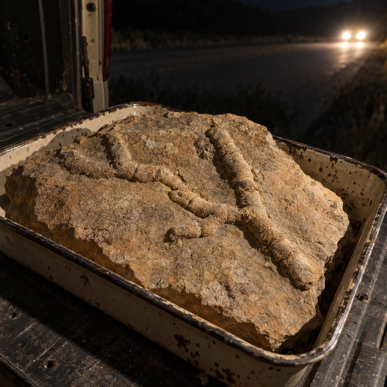 A weathered sandstone slab with raised, winding tubular ridges rests in a chipped cream-colored roasting pan on a scratched vehicle tailgate at night, with…