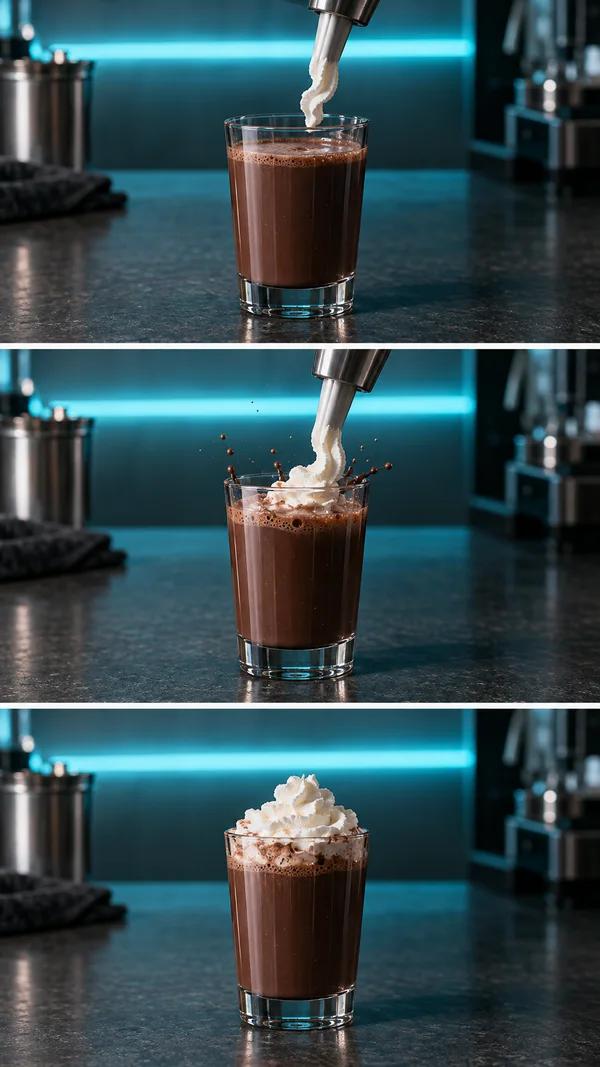 Three stacked photographs show white whipped cream dispensed from a metal nozzle into a glass of dark chocolate drink on a café counter: first the cream…