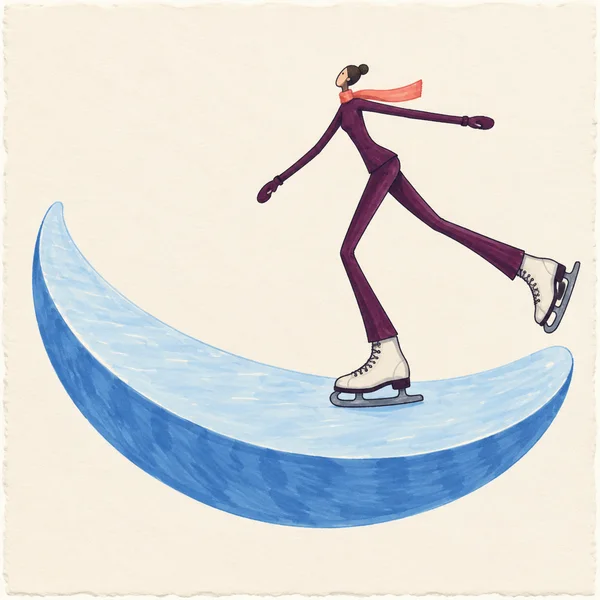 A long-limbed figure in a plum outfit and coral scarf balances on one skate atop a large pale-blue crescent of ice, against a warm ivory paper background.