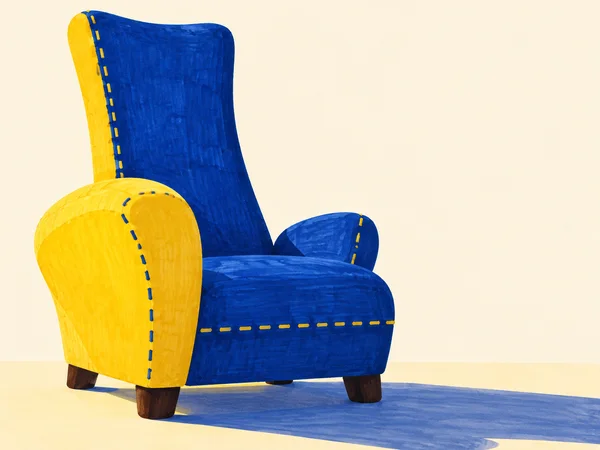 A large cobalt-blue upholstered armchair with an unusually tall narrow back, a broad bright-yellow arm on the left and a smaller blue arm on the right…