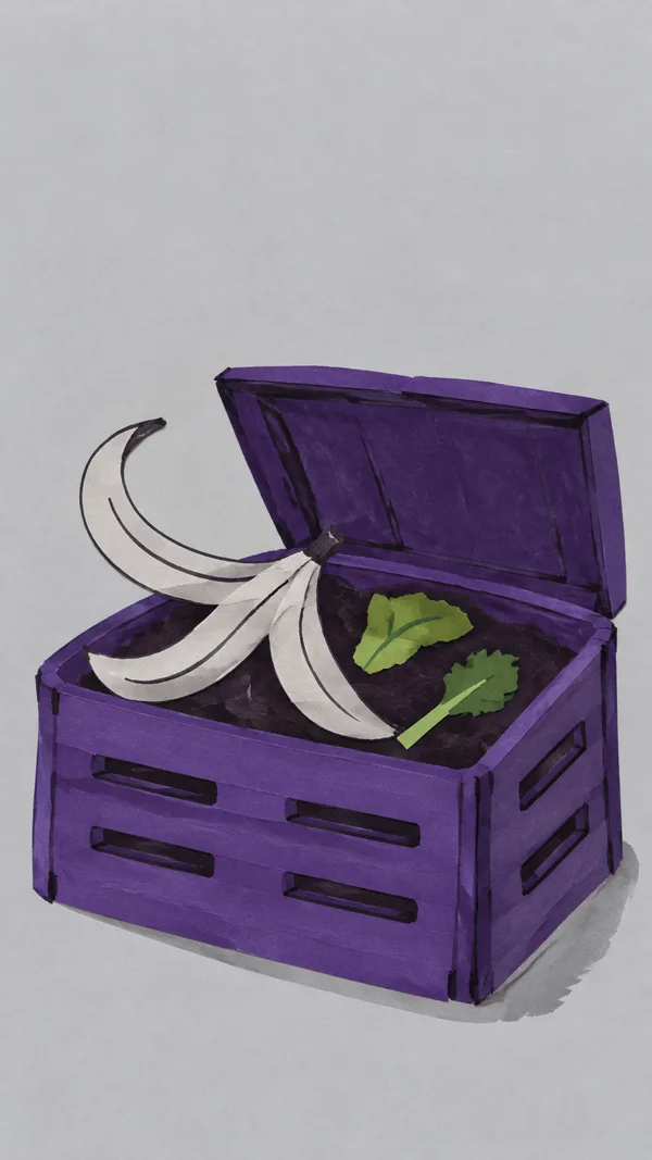 A deep-violet compost bin sits open against a pale silver background, with two green leaf scraps and a large pale peel draped over dark compost.
