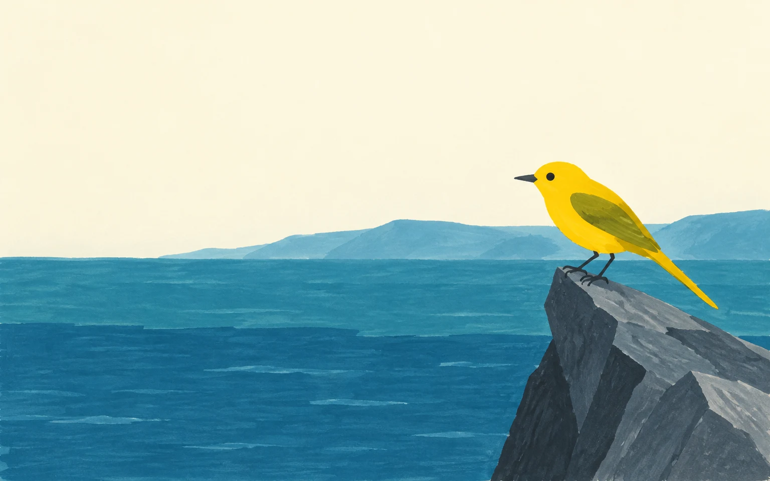 A yellow bird with an olive wing and long pointed tail perches on a slate-grey rock above layered blue water, facing left beneath a pale cream sky.