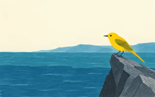 A yellow bird with an olive wing and long pointed tail perches on a slate-grey rock above layered blue water, facing left beneath a pale cream sky.