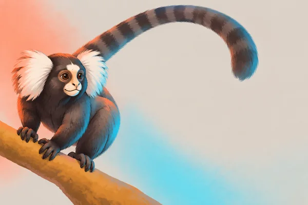A dark, white-eared marmoset crouches on an ochre branch, its long dark banded tail curving high across the pale background; coral and cyan washes of light…