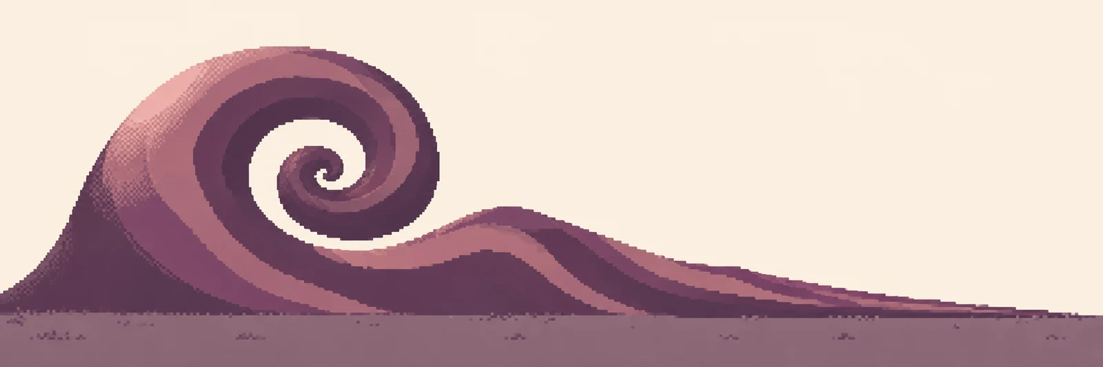 A large aubergine and dusty-rose spiral hill rises left of centre, curling around an ivory opening before flowing into a long, low ridge that tapers to the…