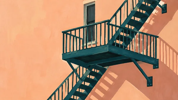 A dark teal exterior fire escape with a broad railed landing and two diagonal stair flights is attached to a pale peach wall; a narrow dark window sits behind…
