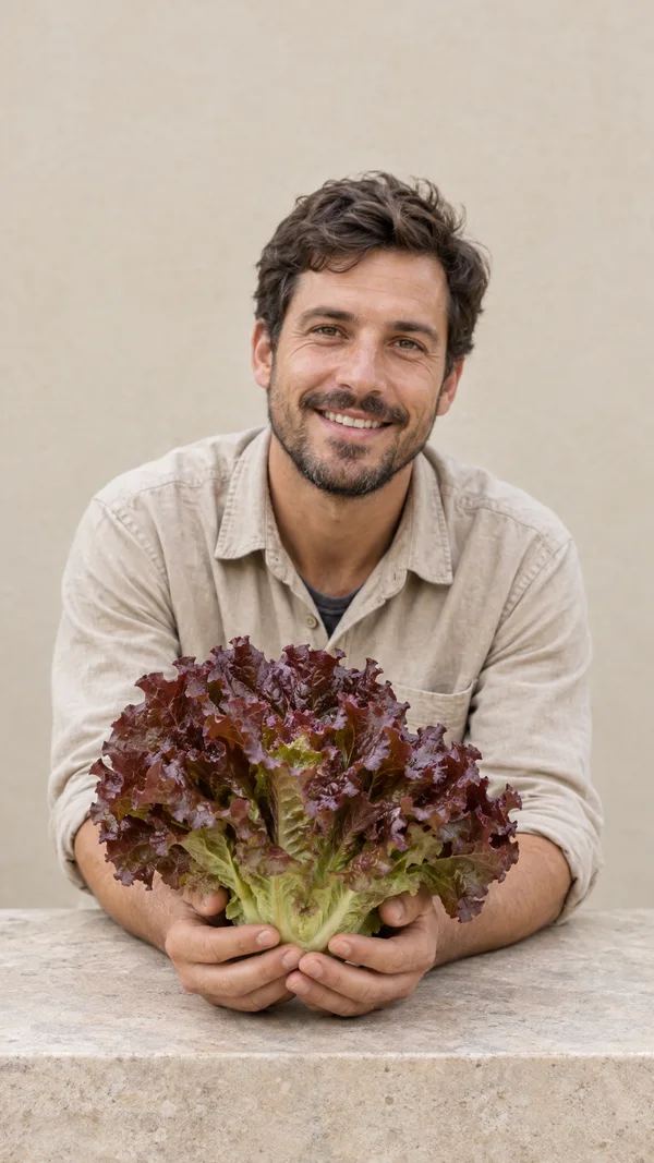 A smiling man in a beige work shirt leans behind a pale stone counter and holds a large red-leaf lettuce head toward the camera, with a plain beige wall behind…