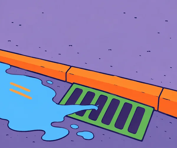 An overhead illustration of a wide green storm-drain grate with six dark-violet slots beside a diagonal orange curb.