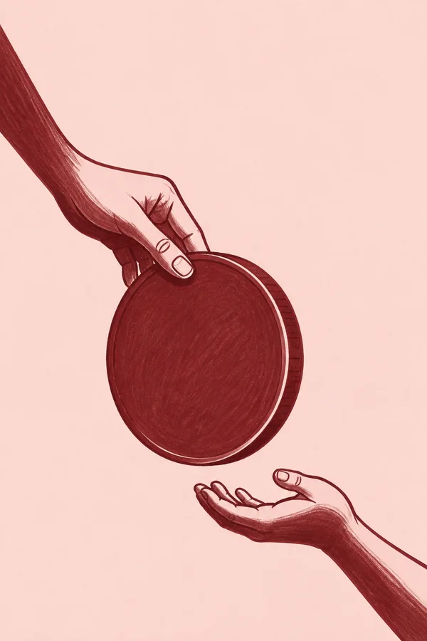 A large dark burgundy coin hangs between a long hand reaching from the upper left and a smaller cupped hand reaching up from the lower right, against a pale…