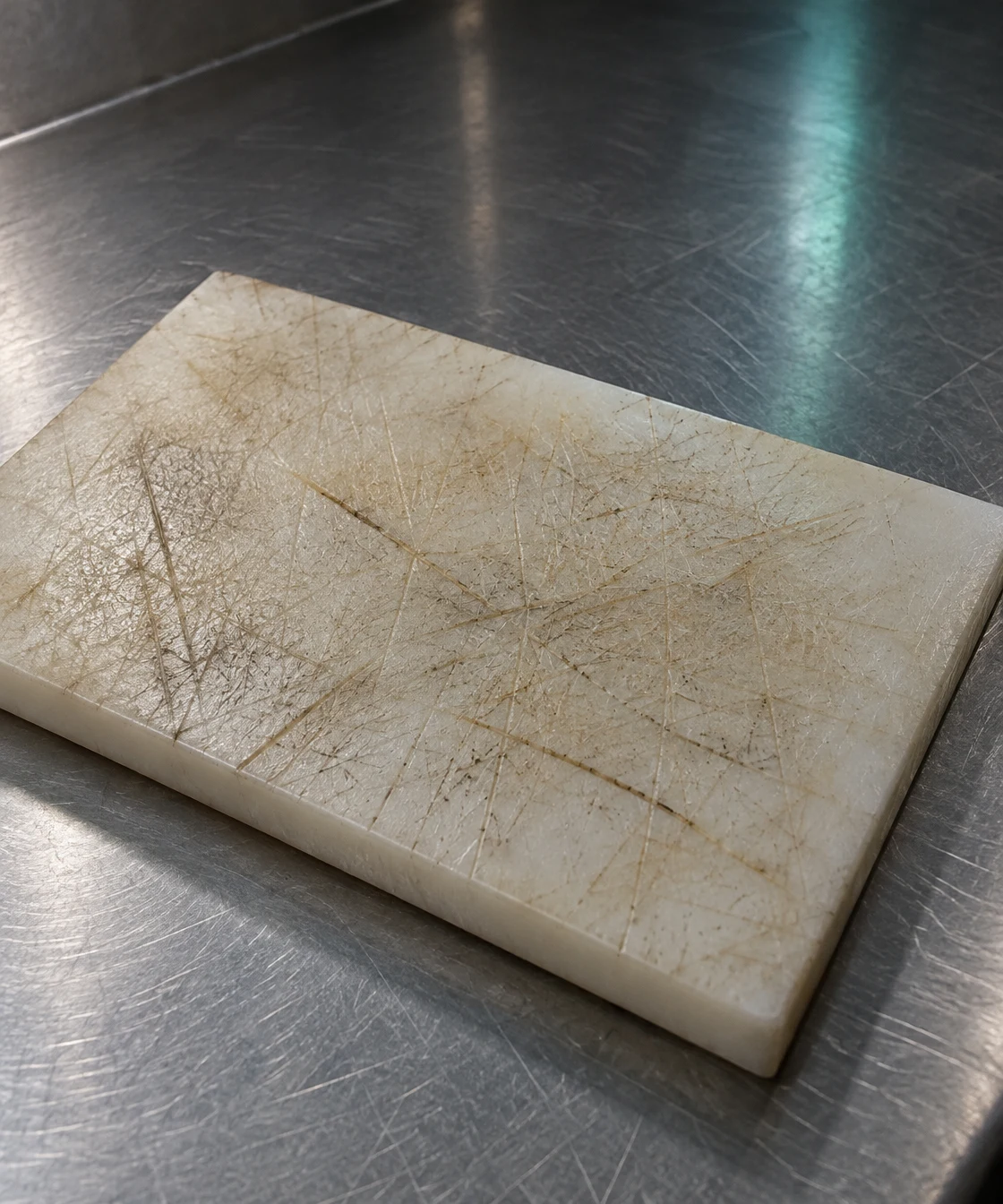 A heavily scratched off-white rectangular cutting board lies diagonally on a brushed stainless-steel counter, with a cool teal reflection on the counter above…